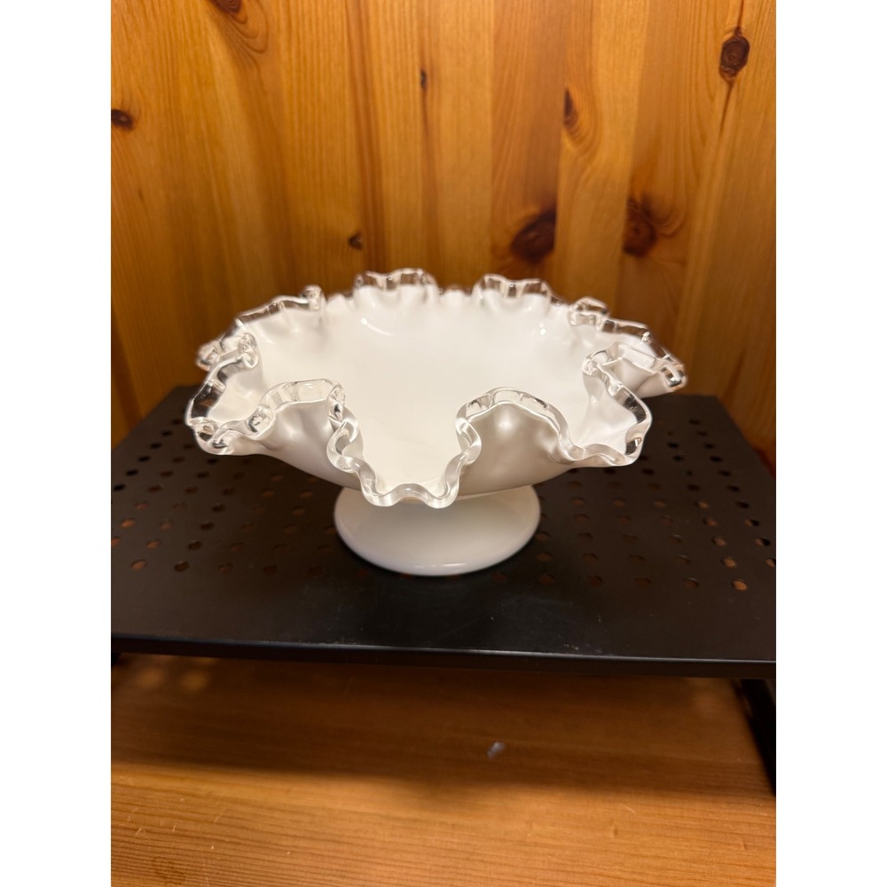 Vintage White Milk Glass Ruffled Edge Pedestal Bowl Clear Rim 8"
